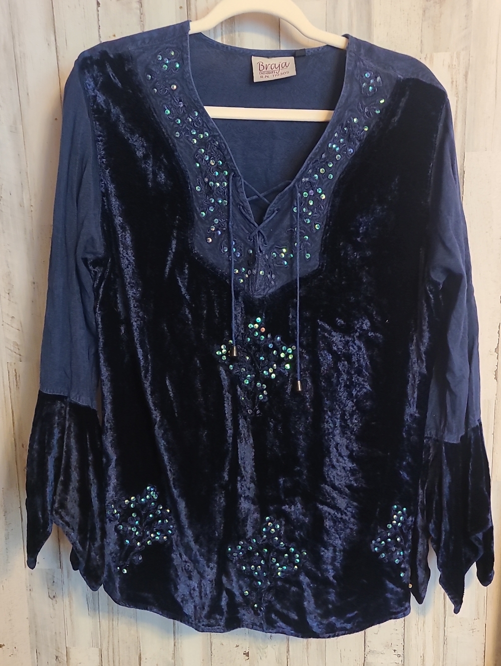BRAJA BRAND Navy Velvet Lace-Up Embellished Women's Top Size 1L Per Tag